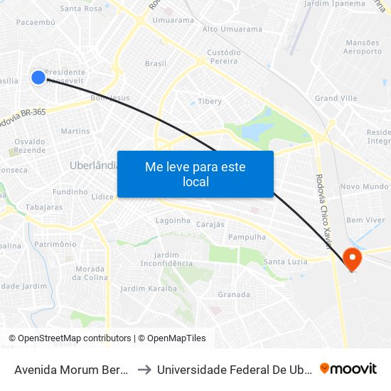 Avenida Morum Bernardino, 1251-1279 to Universidade Federal De Uberlândia (Campus Glória) map