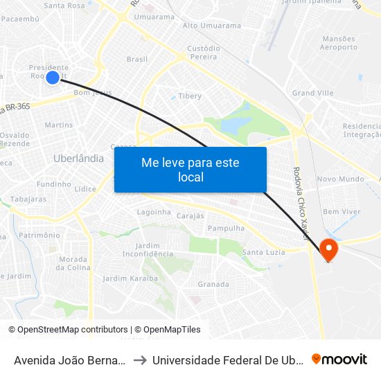 Avenida João Bernardes De Souza, 392 to Universidade Federal De Uberlândia (Campus Glória) map