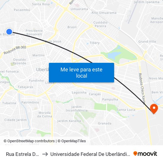 Rua Estrela Dalva, 817 to Universidade Federal De Uberlândia (Campus Glória) map