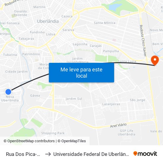 Rua Dos Pica-Paus, 1273 to Universidade Federal De Uberlândia (Campus Glória) map