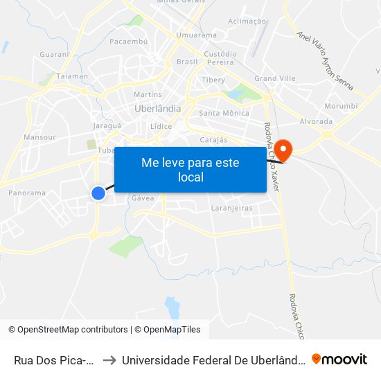 Rua Dos Pica-Paus, 581 to Universidade Federal De Uberlândia (Campus Glória) map