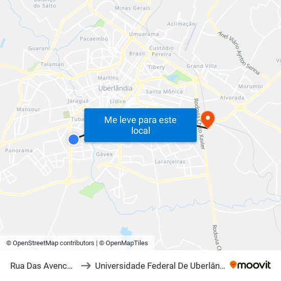 Rua Das Avencas, 290-354 to Universidade Federal De Uberlândia (Campus Glória) map