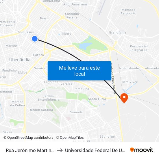 Rua Jerônimo Martins Nascimento, 1009 to Universidade Federal De Uberlândia (Campus Glória) map