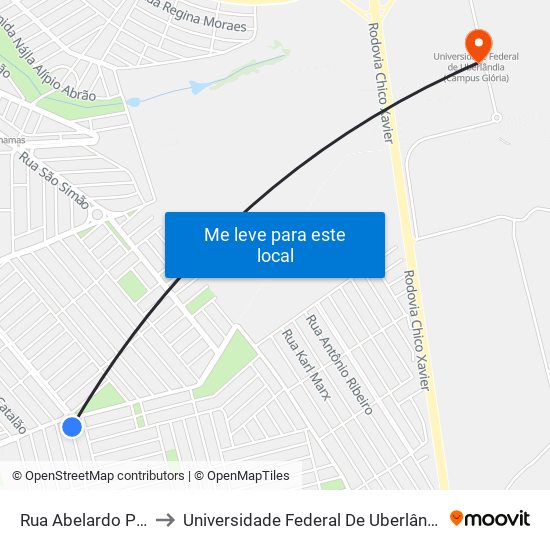 Rua Abelardo Pena, 33-63 to Universidade Federal De Uberlândia (Campus Glória) map