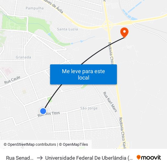 Rua Senado, 344 to Universidade Federal De Uberlândia (Campus Glória) map