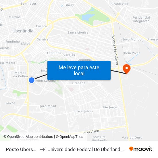 Posto Ubershopping to Universidade Federal De Uberlândia (Campus Glória) map