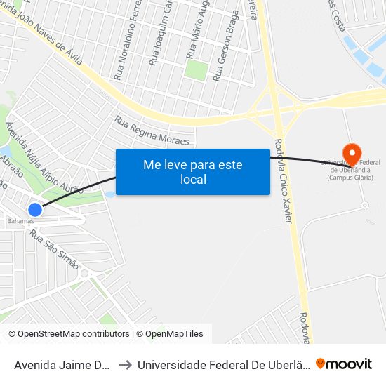 Avenida Jaime De Barros, 411 to Universidade Federal De Uberlândia (Campus Glória) map