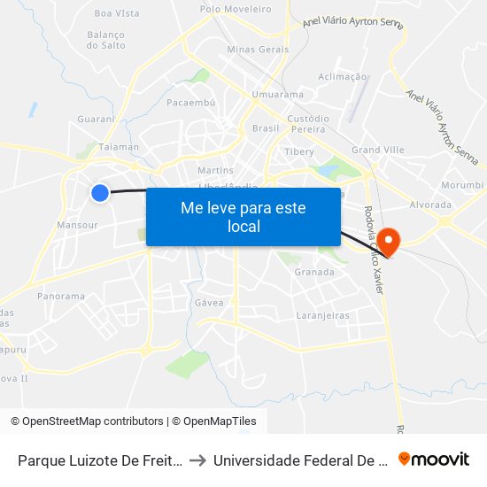 Parque Luizote De Freitas Ou Parque Da Represa to Universidade Federal De Uberlândia (Campus Glória) map