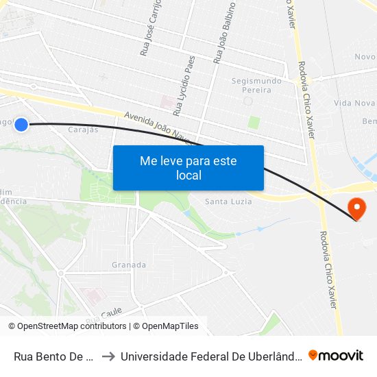 Rua Bento De Faria, 411 to Universidade Federal De Uberlândia (Campus Glória) map