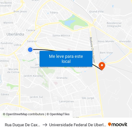Rua Duque De Caxias, 1881-1977 to Universidade Federal De Uberlândia (Campus Glória) map