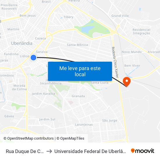 Rua Duque De Caxias, 1383 to Universidade Federal De Uberlândia (Campus Glória) map