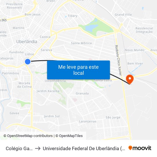 Colégio Gabarito to Universidade Federal De Uberlândia (Campus Glória) map