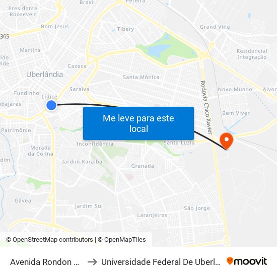 Avenida Rondon Pacheco, 2064 to Universidade Federal De Uberlândia (Campus Glória) map