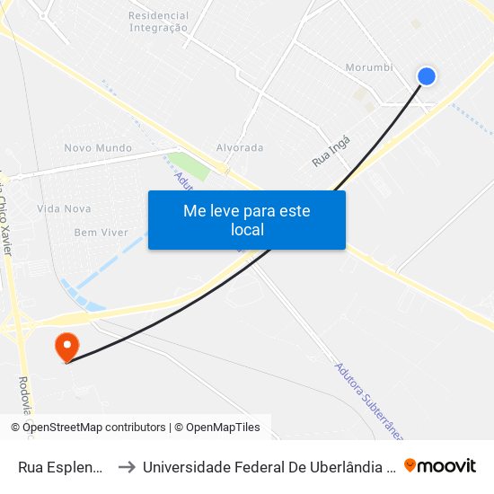 Rua Esplendor, 208 to Universidade Federal De Uberlândia (Campus Glória) map