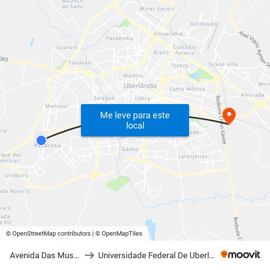 Avenida Das Mussaendras, 220 to Universidade Federal De Uberlândia (Campus Glória) map