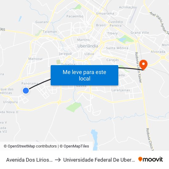 Avenida Dos Lírios Amarelos, 845 to Universidade Federal De Uberlândia (Campus Glória) map