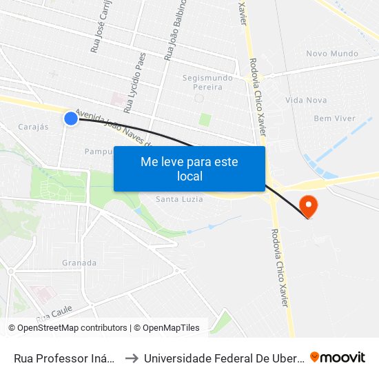 Rua Professor Inácio Castilho, 242 to Universidade Federal De Uberlândia (Campus Glória) map