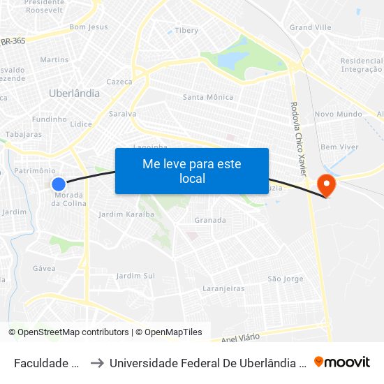 Faculdade Uniessa to Universidade Federal De Uberlândia (Campus Glória) map