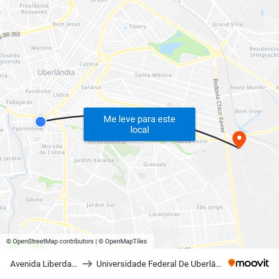 Avenida Liberdade, 874-950 to Universidade Federal De Uberlândia (Campus Glória) map