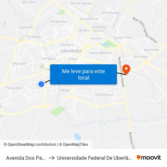 Avenida Dos Pássaros, 668 to Universidade Federal De Uberlândia (Campus Glória) map