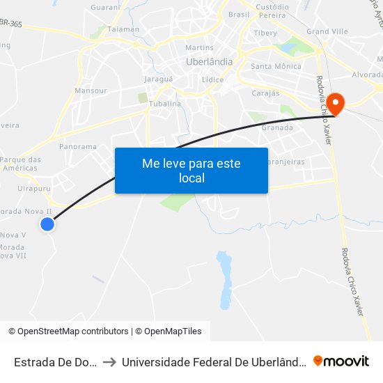 Estrada De Douradinho, to Universidade Federal De Uberlândia (Campus Glória) map