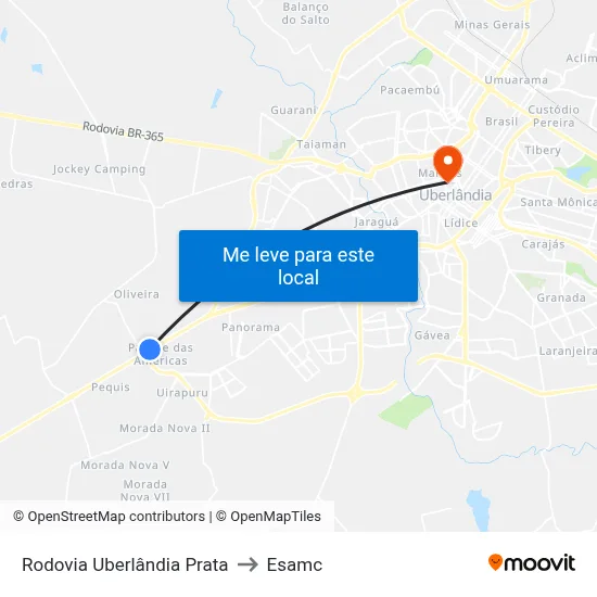 Rodovia Uberlândia Prata to Esamc map
