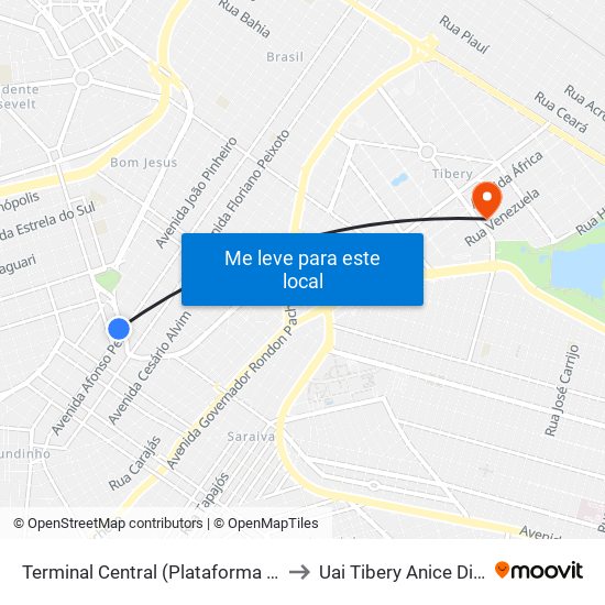 Terminal Central (Plataforma E1 - Laranja) to Uai Tibery Anice Dib Jatene map