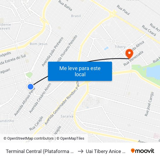 Terminal Central (Plataforma C2 - Vermelho) to Uai Tibery Anice Dib Jatene map