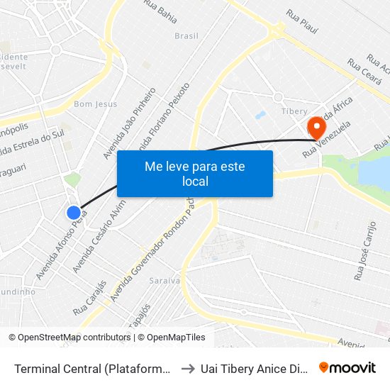 Terminal Central (Plataforma A1 - Azul) to Uai Tibery Anice Dib Jatene map