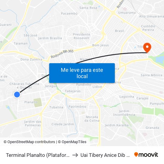 Terminal Planalto (Plataforma A2) to Uai Tibery Anice Dib Jatene map