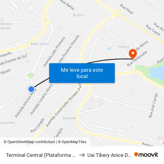 Terminal Central (Plataforma B1 - Amarelo) to Uai Tibery Anice Dib Jatene map