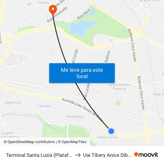 Terminal Santa Luzia (Plataforma A1) to Uai Tibery Anice Dib Jatene map