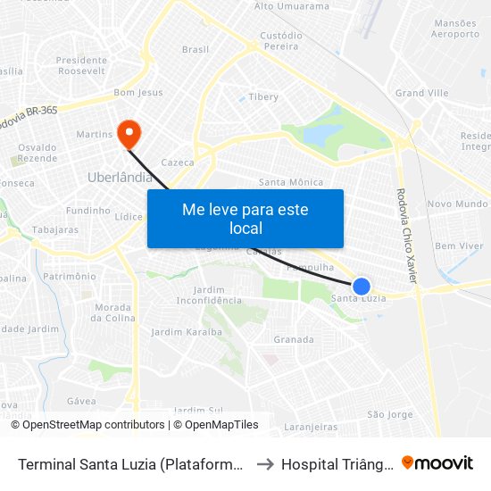 Terminal Santa Luzia (Plataforma A2) to Hospital Triângulo map