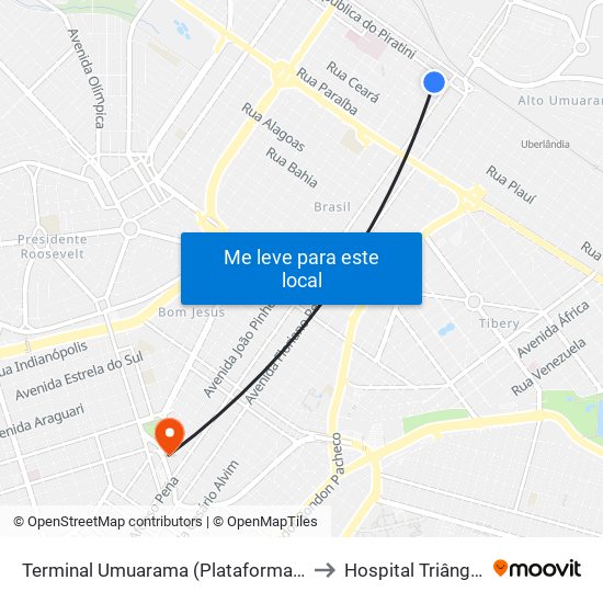 Terminal Umuarama (Plataforma B2) to Hospital Triângulo map