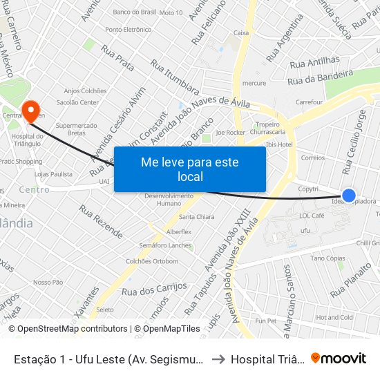 Estação 1 - Ufu Leste (Av. Segismundo Pereira) to Hospital Triângulo map