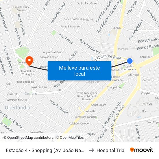 Estação 4 - Shopping (Av. João Naves De Ávila) to Hospital Triângulo map