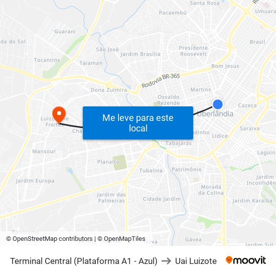 Terminal Central (Plataforma A1 - Azul) to Uai Luizote map