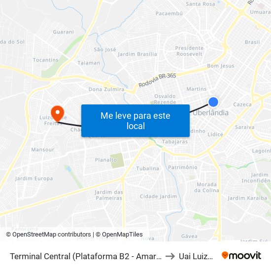 Terminal Central (Plataforma B2 - Amarelo) to Uai Luizote map