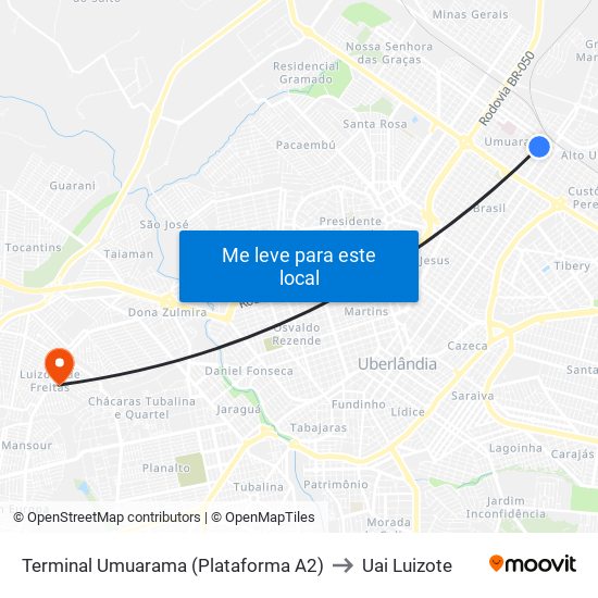 Terminal Umuarama (Plataforma A2) to Uai Luizote map