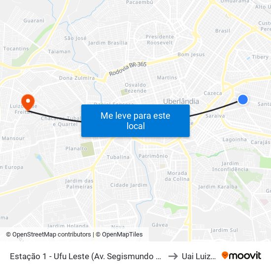 Estação 1 - Ufu Leste (Av. Segismundo Pereira) to Uai Luizote map
