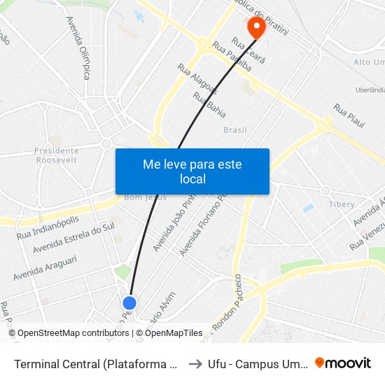 Terminal Central (Plataforma E1 - Laranja) to Ufu - Campus Umuarama map