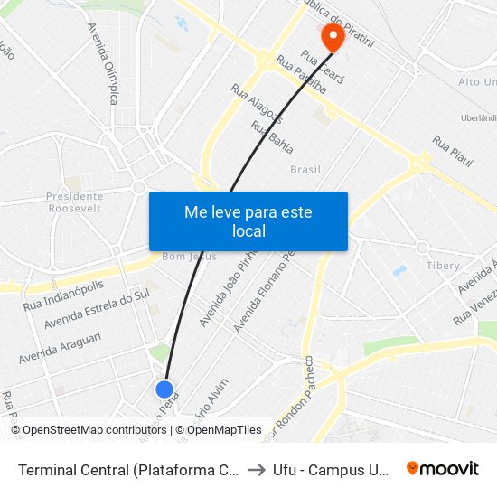 Terminal Central (Plataforma C2 - Vermelho) to Ufu - Campus Umuarama map