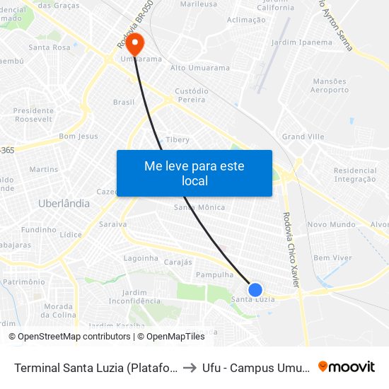 Terminal Santa Luzia (Plataforma A2) to Ufu - Campus Umuarama map