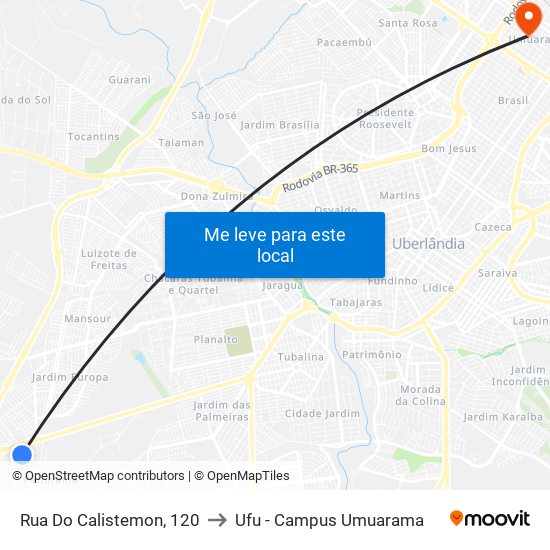 Rua Do Calistemon, 120 to Ufu - Campus Umuarama map