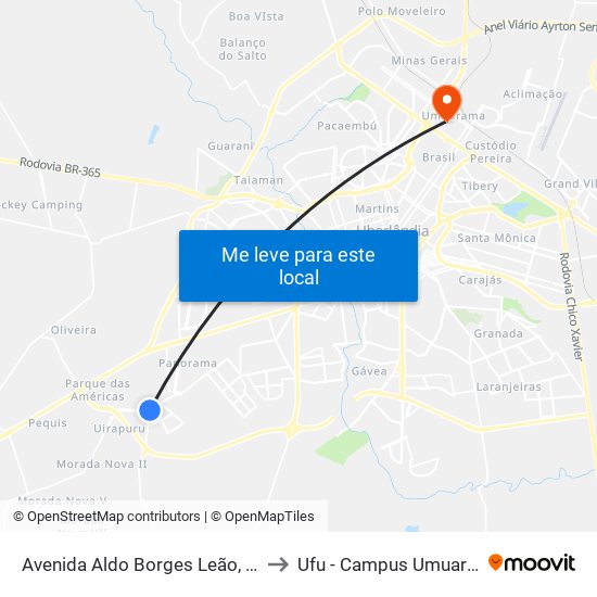 Avenida Aldo Borges Leão, 2040 to Ufu - Campus Umuarama map