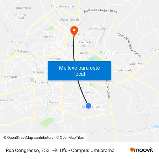 Rua Congresso, 753 to Ufu - Campus Umuarama map