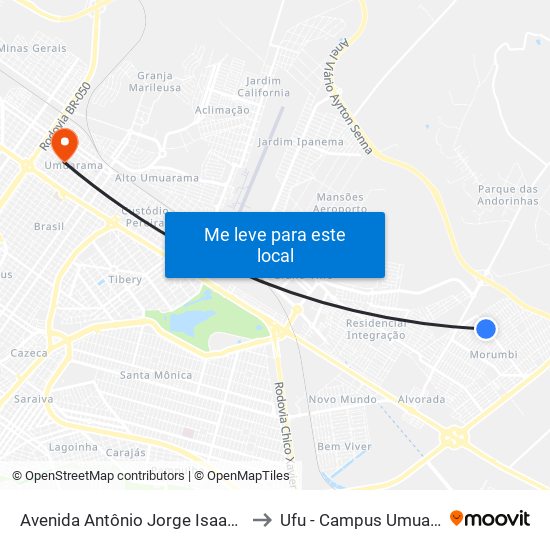 Avenida Antônio Jorge Isaac, 1141 to Ufu - Campus Umuarama map