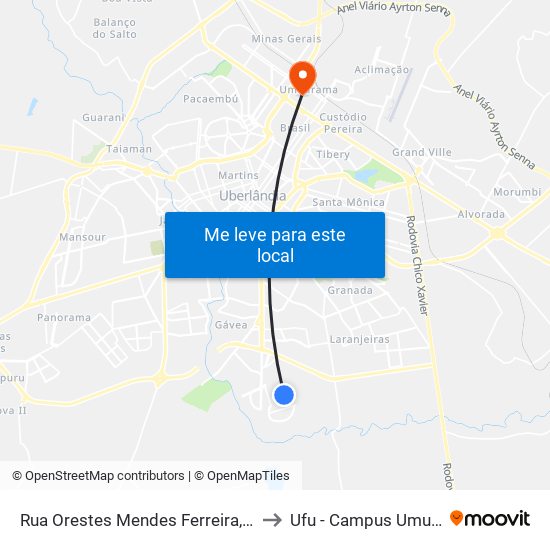 Rua Orestes Mendes Ferreira, 307-331 to Ufu - Campus Umuarama map