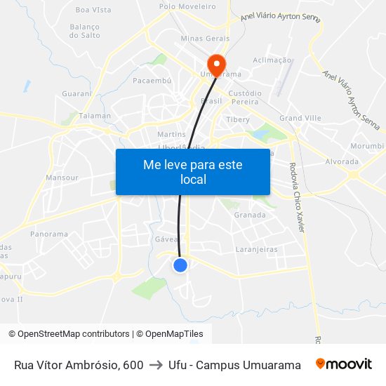 Rua Vítor Ambrósio, 600 to Ufu - Campus Umuarama map