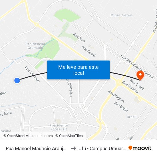 Rua Manoel Maurício Araújo, 352 to Ufu - Campus Umuarama map